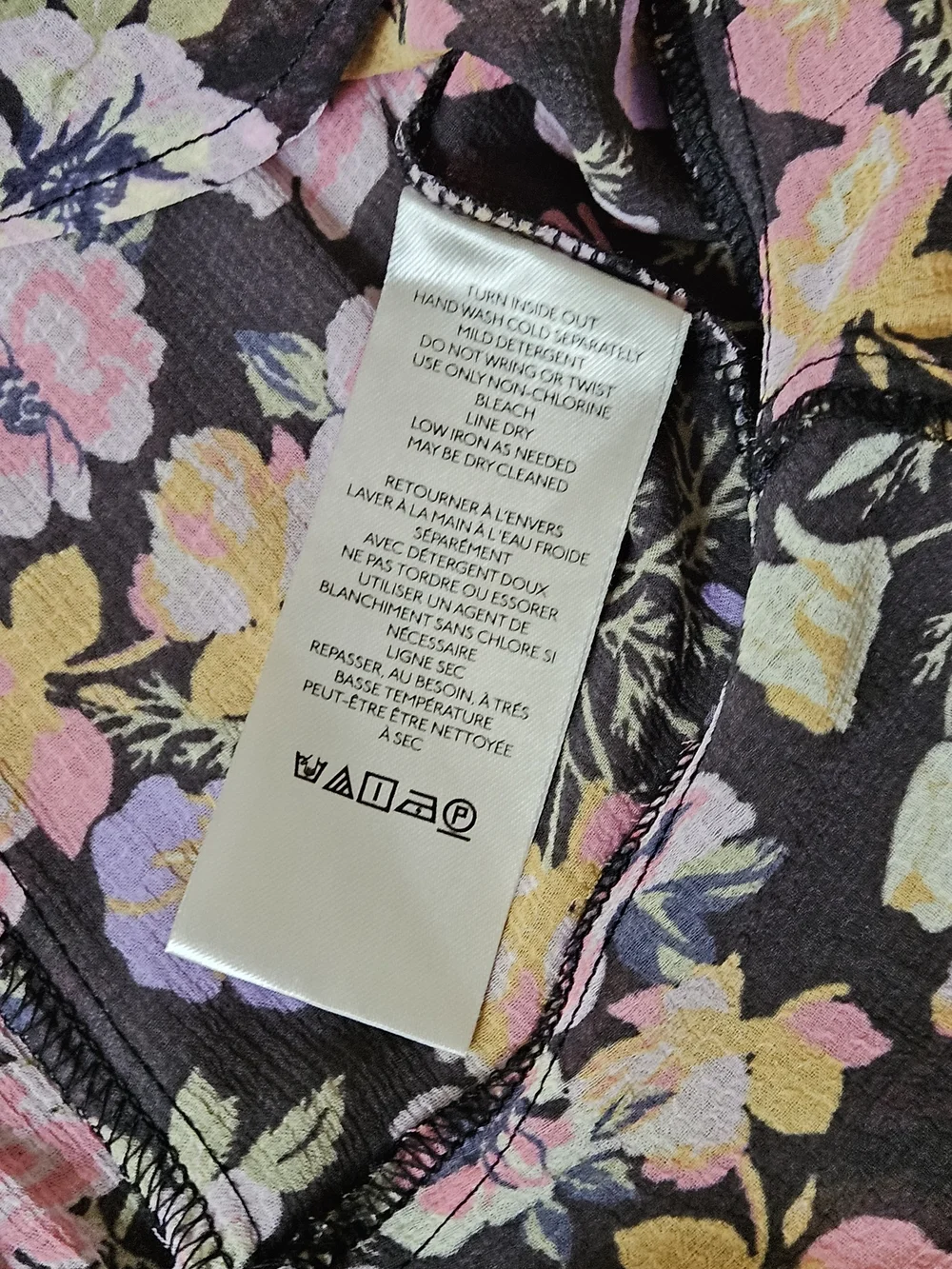 Free People Black Floral Tie-Front Blouse with Pink & Yellow Blooms